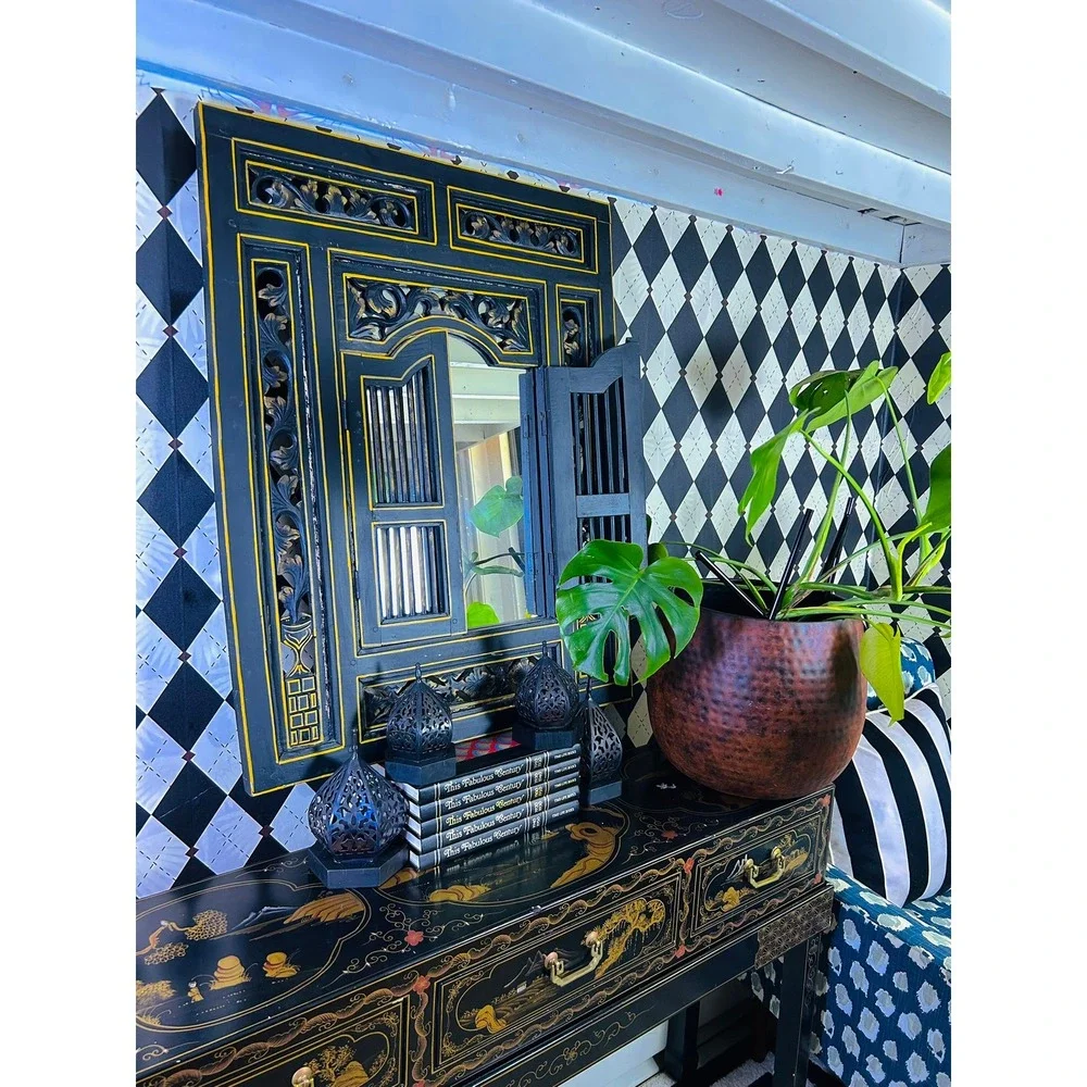 Statement 3 Foot Moroccan Black Gold Carved Wood Mirror With Opening Doors